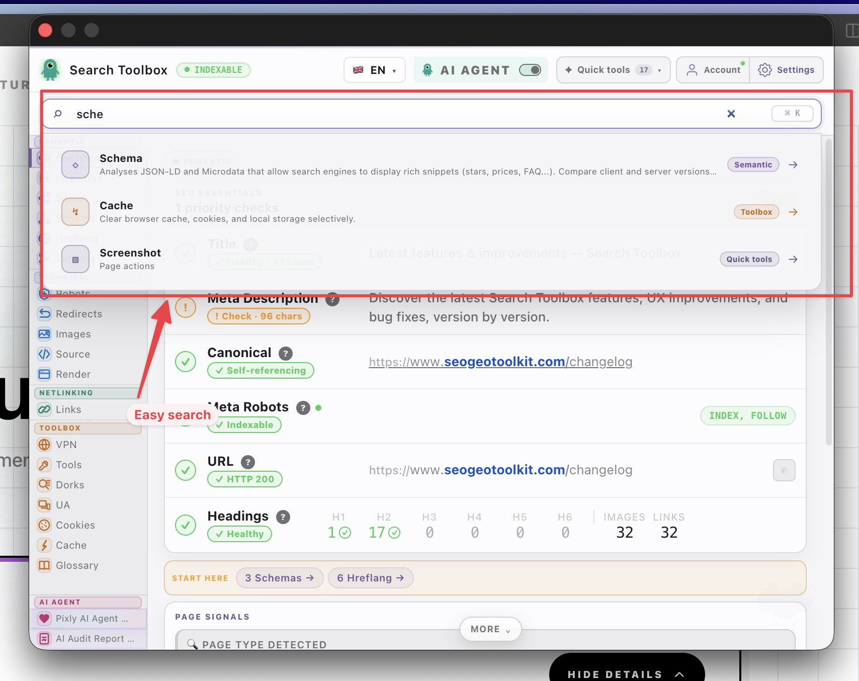 Search Toolbox global search results for “sche”, instantly surfacing Schema, Cache and Screenshot with an “Easy search” callout.