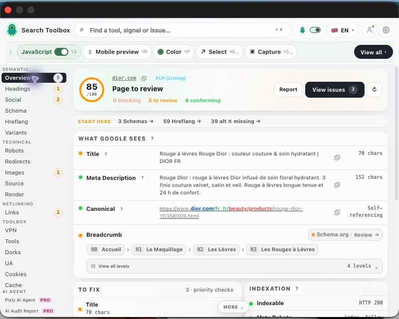 Redesigned Search Toolbox extension interface in English, with the global search, quick tools, audit sidebar and page overview.