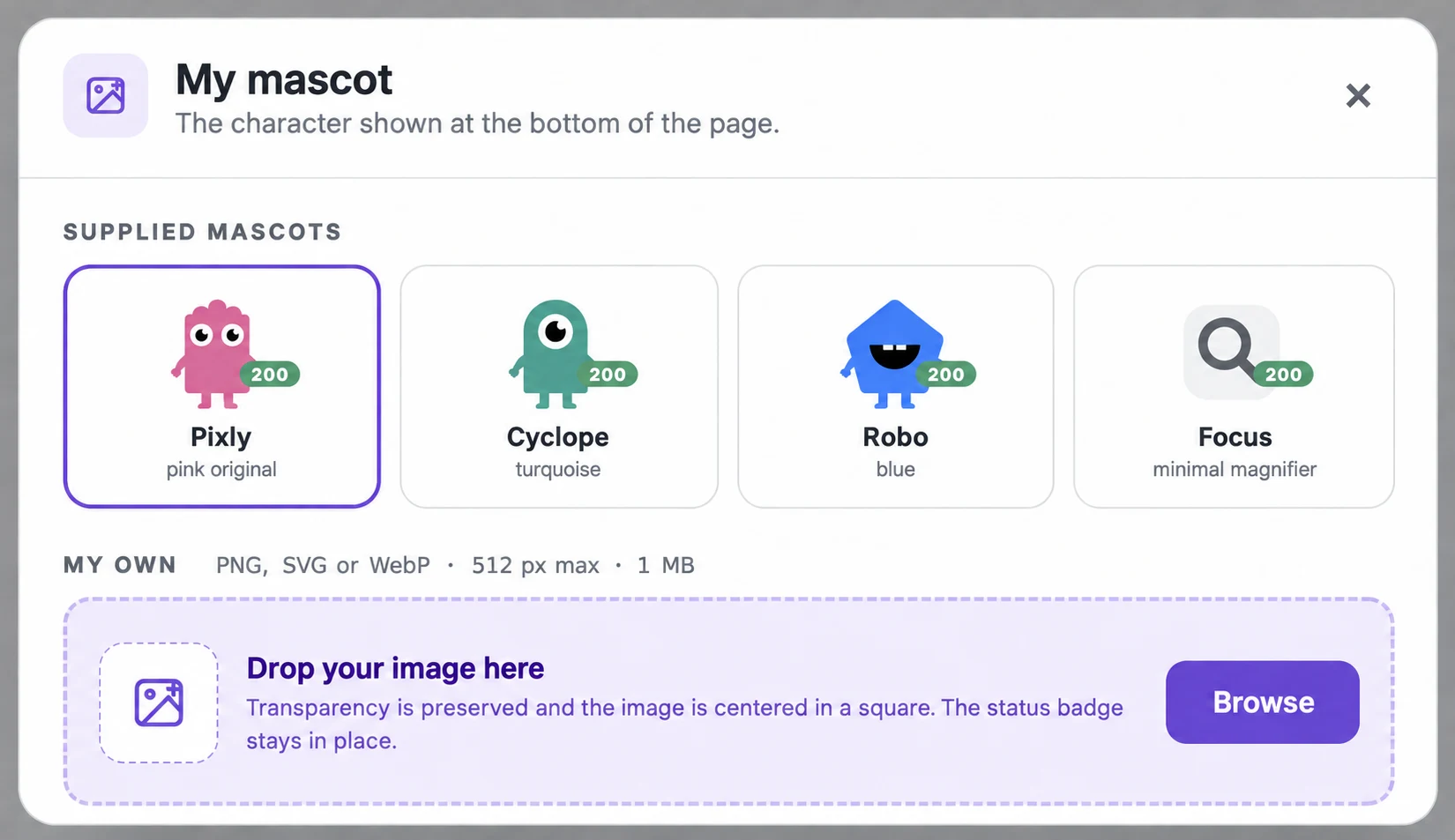 Search Toolbox mascot customization window in English with four supplied mascots and custom image upload.