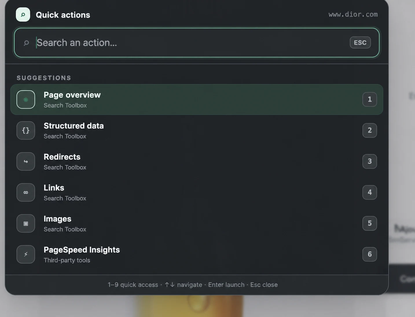 Search Toolbox Quick actions palette in English with search, grouped suggestions and numbered keyboard shortcuts.