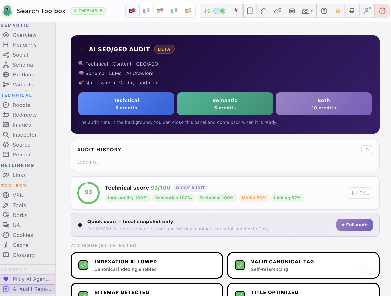 AI SEO/GEO Audit — 90-day roadmap generated in 60 seconds