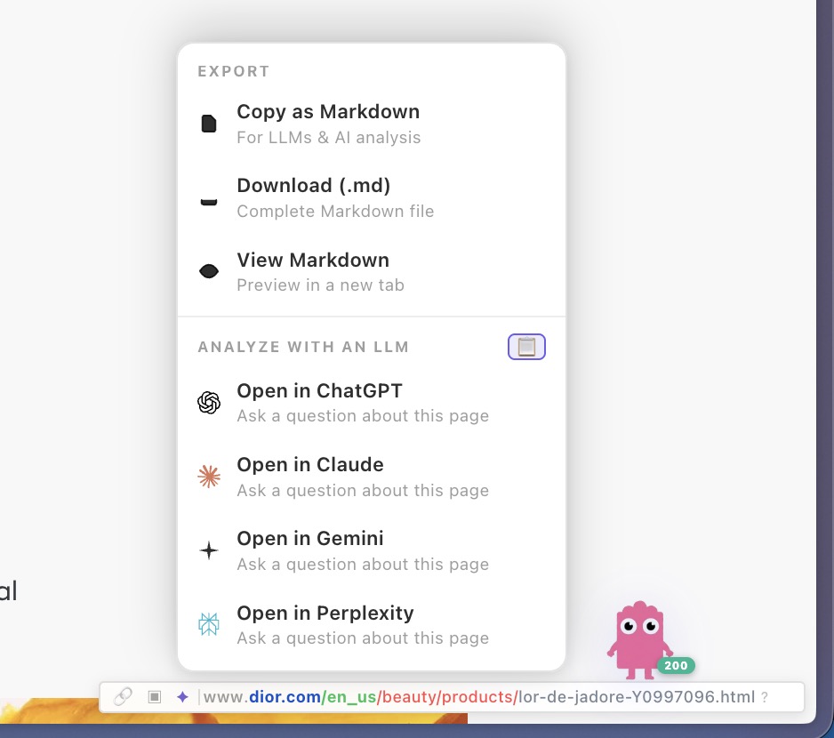 Export — send page data to ChatGPT, Claude or Gemini in one click