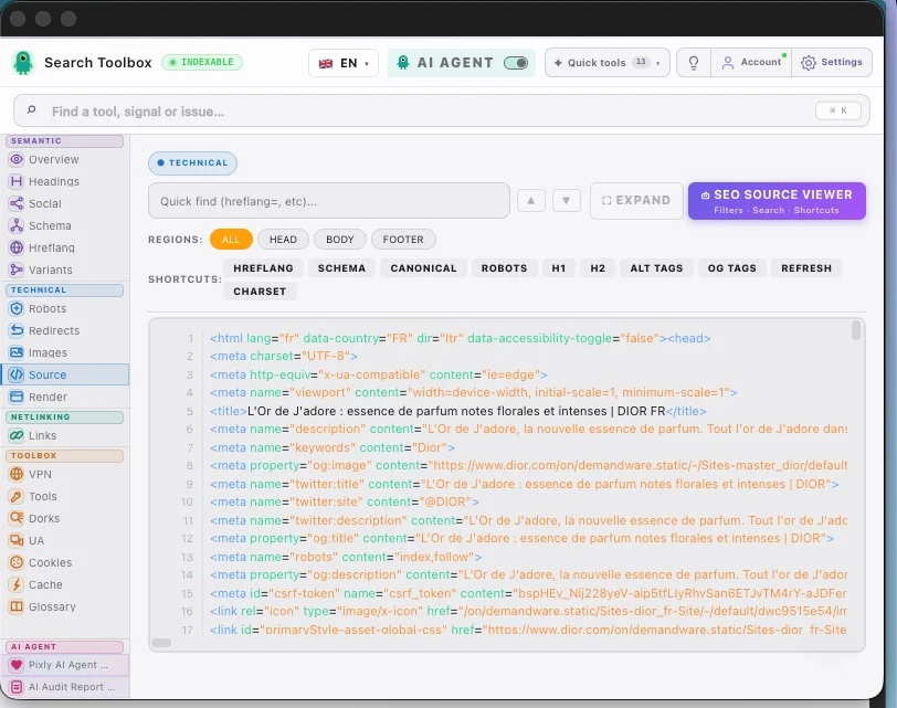 HTML source — search the server response without leaving the page