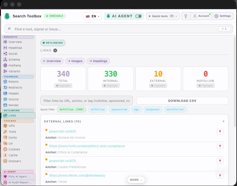 Links — classify internal, external, follow and nofollow URLs