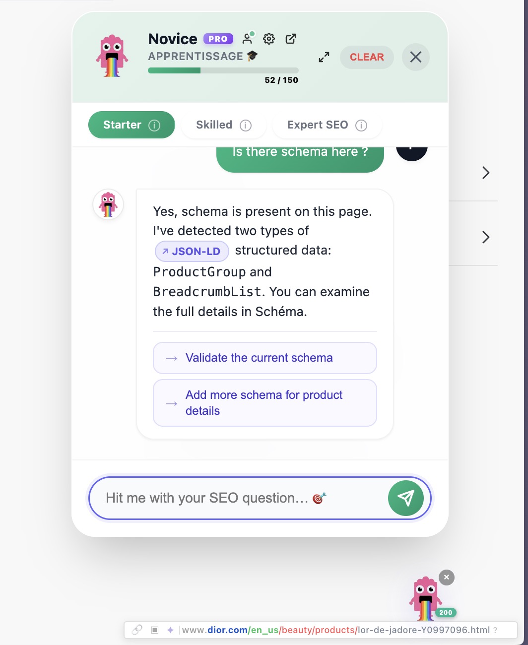 Search Toolbox AI agent analyzing a page's GEO signals — recommendations grounded in live page data