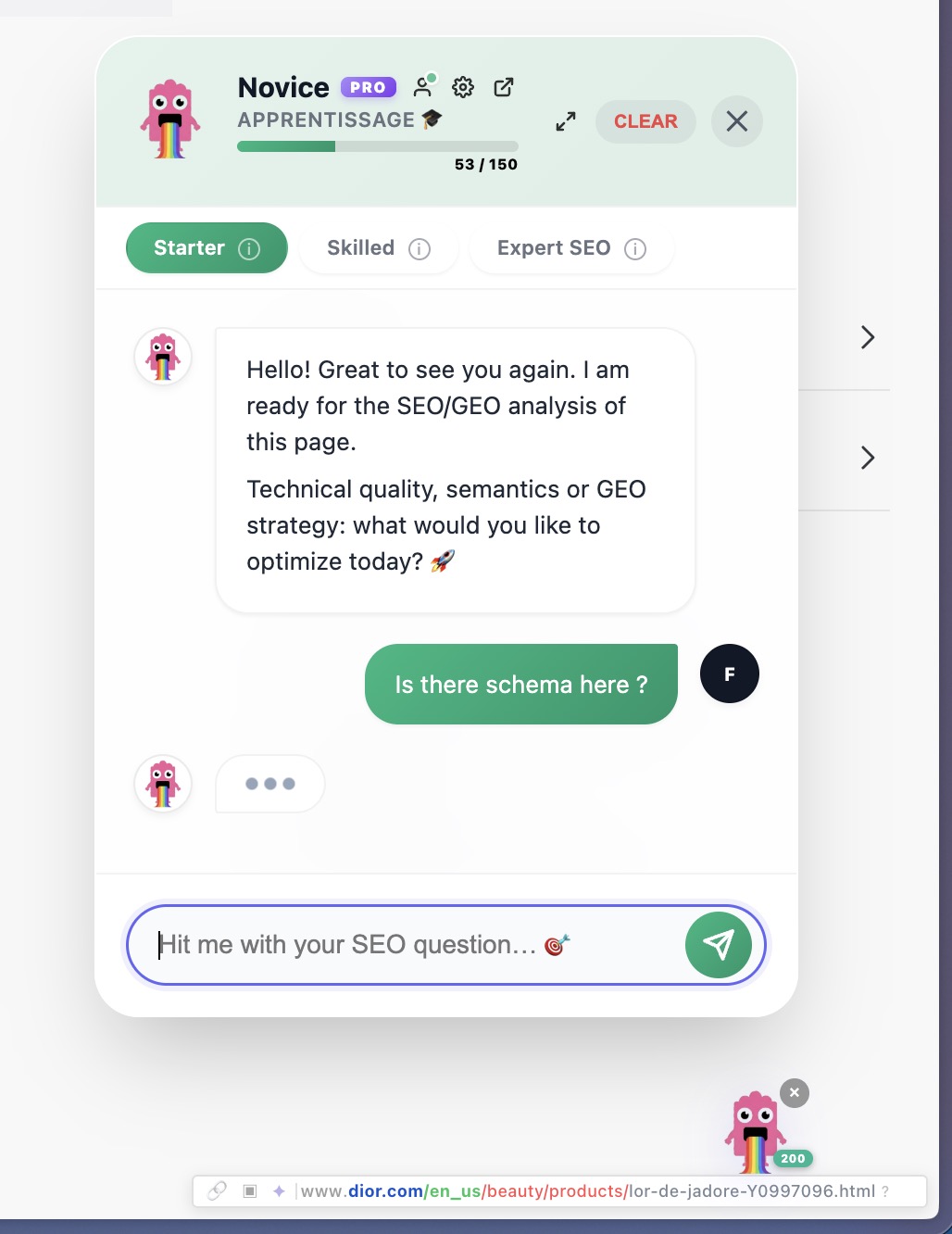 Question envoyée à Pixly avec contexte de page