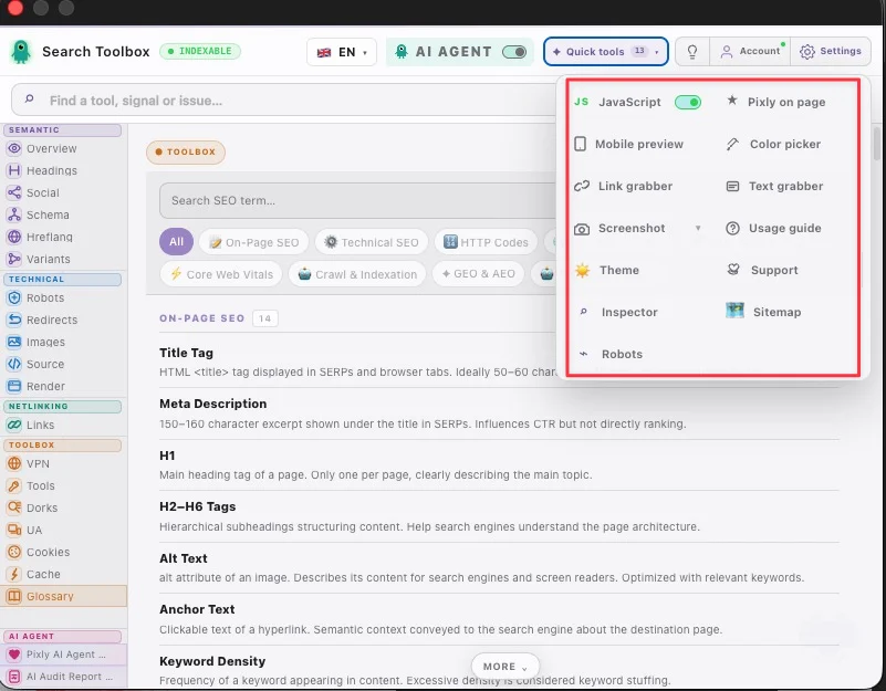 Quick tools — jump to your most useful checks from one compact menu