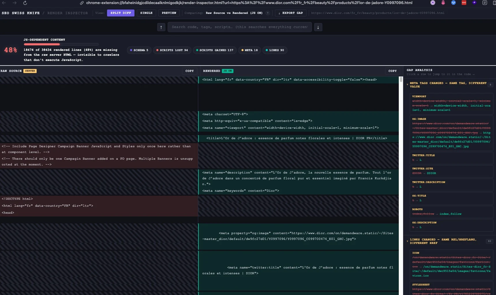 Full Search Toolbox Render Inspector comparing raw server HTML and rendered DOM