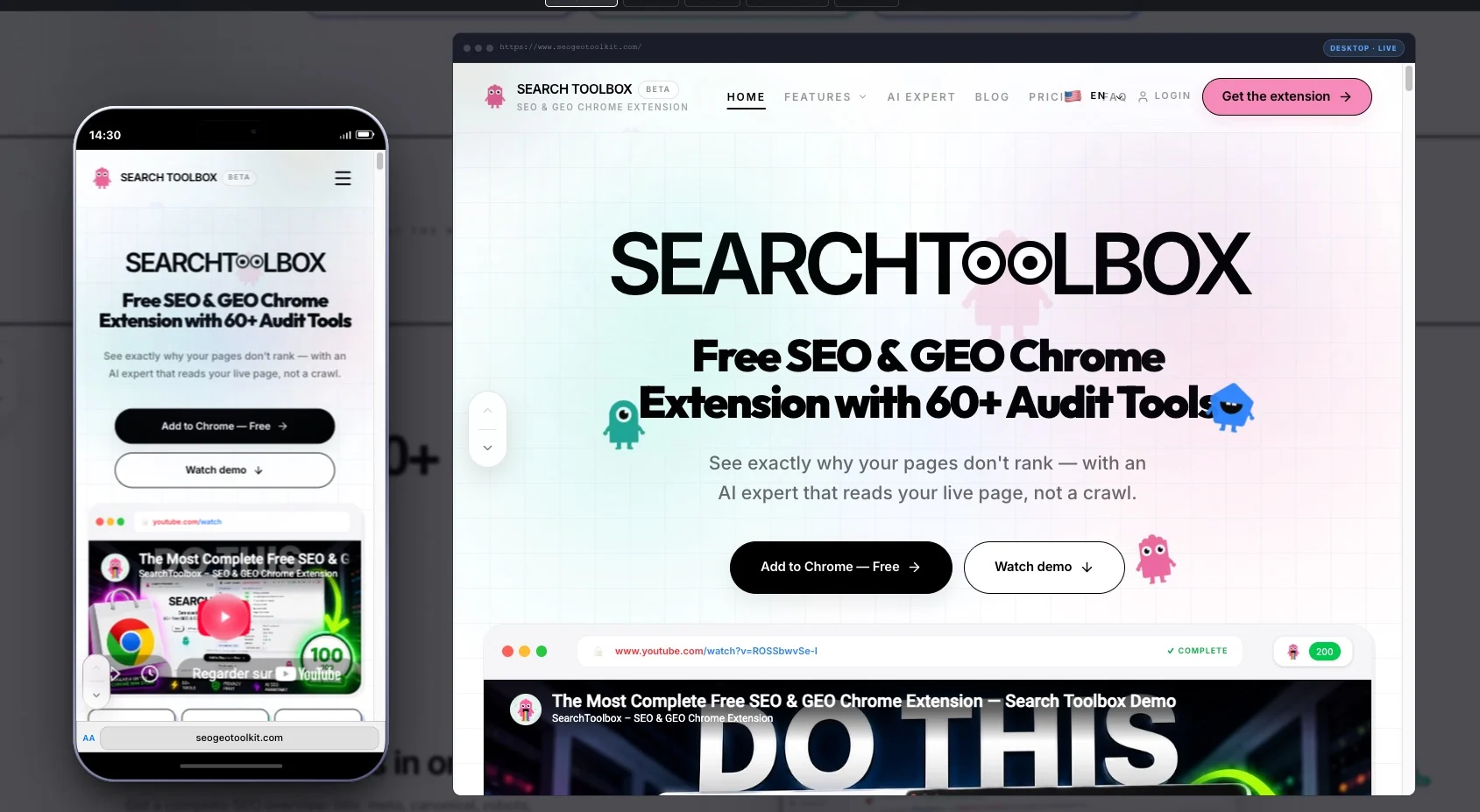 Search Toolbox — the live SEO audit sidebar on a real website