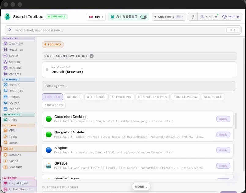 UA Switcher — emulate Googlebot, GPTBot, Bingbot & more